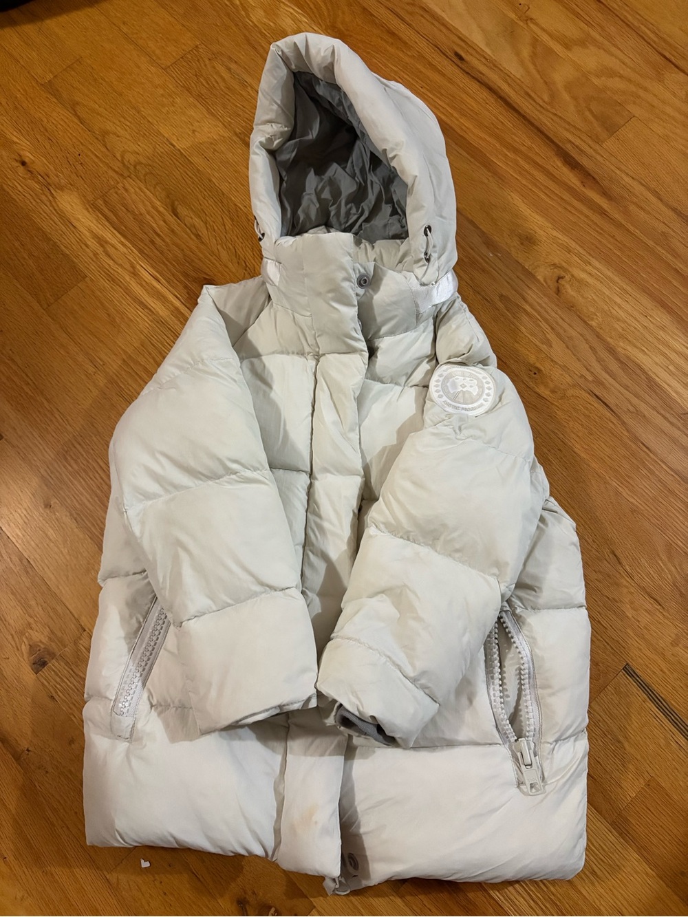 Small Canada Goose Cream Hooded Kids Puffer Jacket